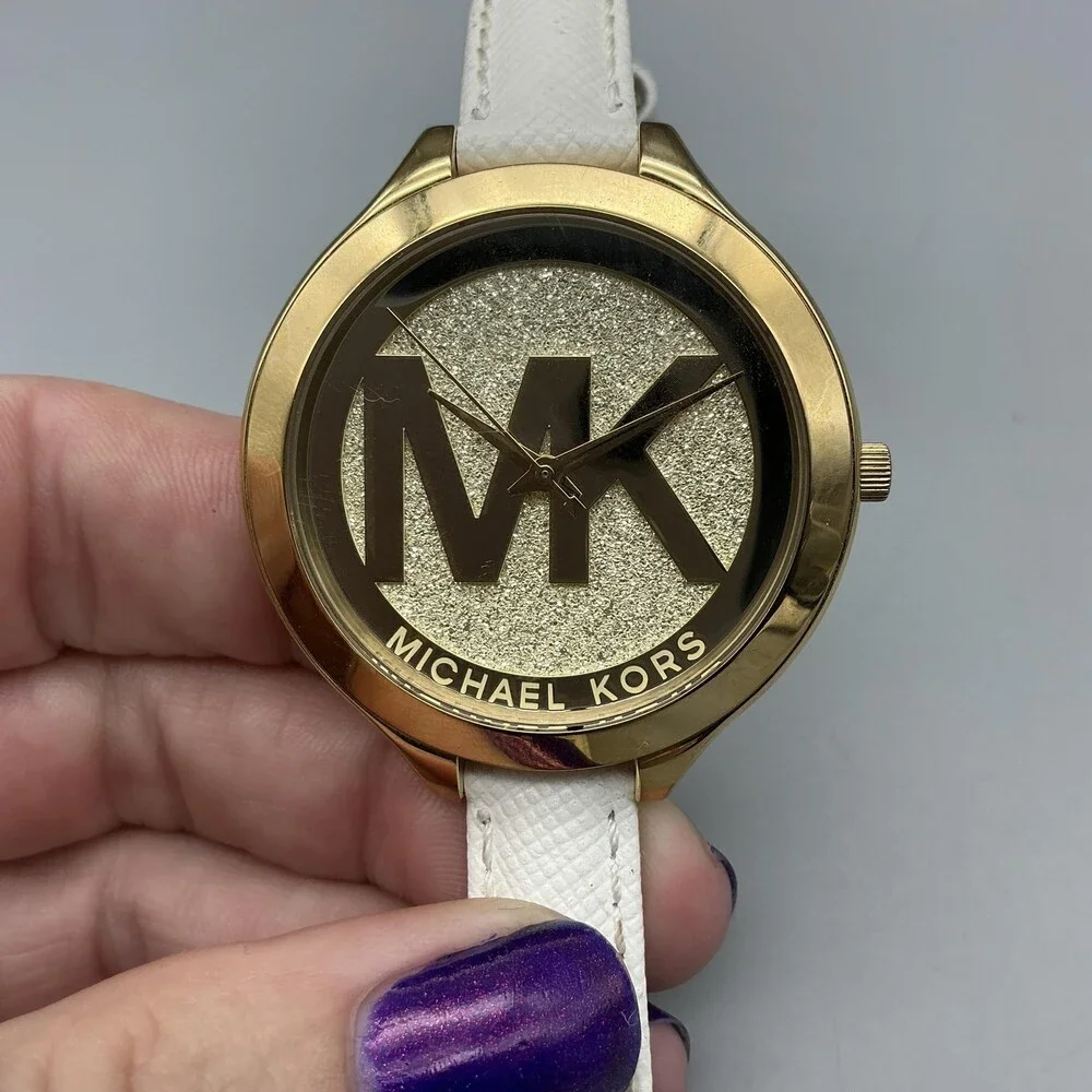 Michael Kors MK-3389 Womens Watch 42mm Gold Tone MK Logo Leather New Battery
